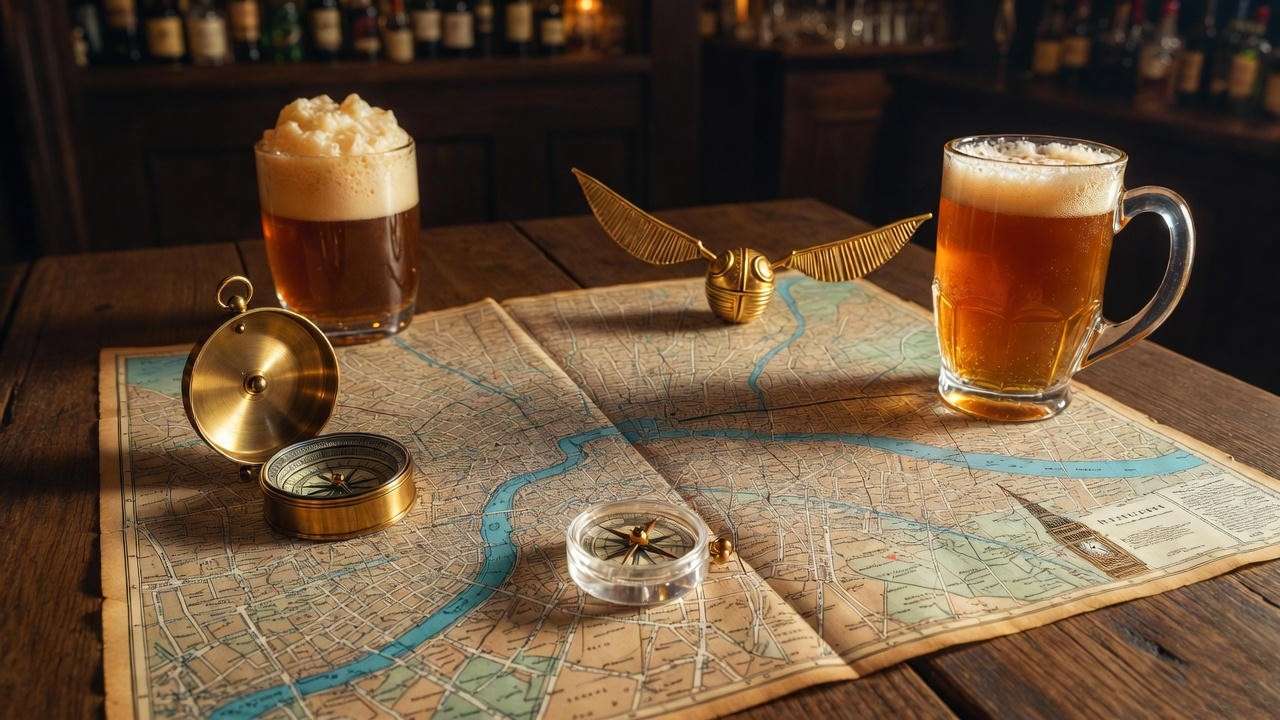 Vintage London map with butterbeer and golden snitch on pub table – Bloomsbury Harry Potter pub crawl route