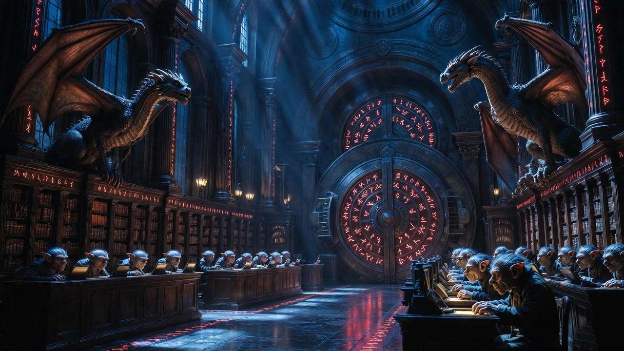 Upgraded high-security Gringotts bank interior in 2025 with dragons and runic wards
