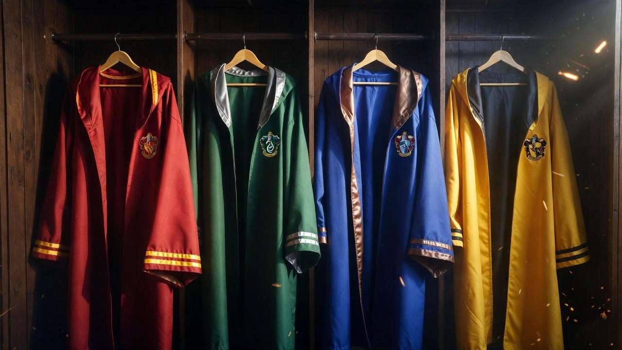 Harry Potter Hogwarts house robes cosplay in official Gryffindor Slytherin Ravenclaw Hufflepuff colors 
