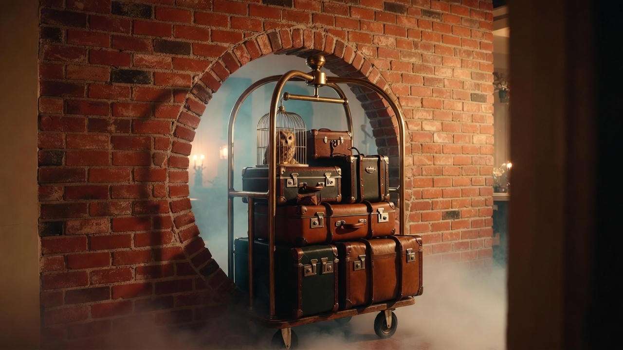 Platform 9¾ trolley entrance prop crashing through brick wall for Harry Potter birthday party  
