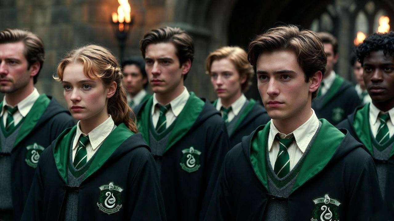 Group of proud Slytherin students including Draco Malfoy showcasing house ambition in Harry Potter.