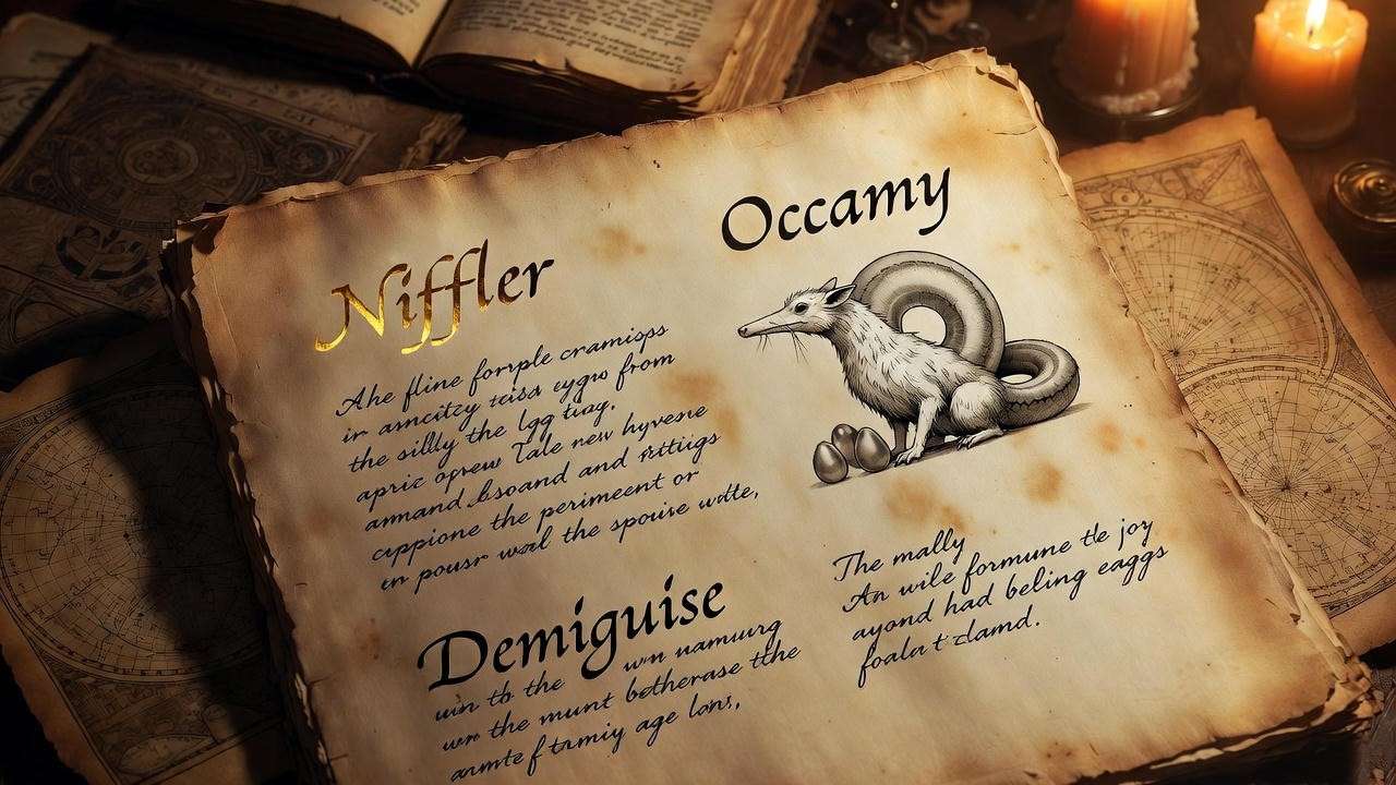 Magical etymology parchment showing origins of Harry Potter creature names
