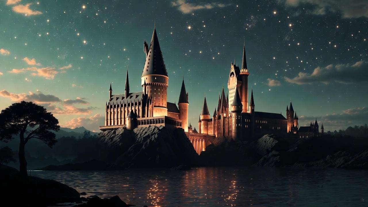 Hogwarts castle at twilight across the Black Lake, illustrating the fully realized secondary world