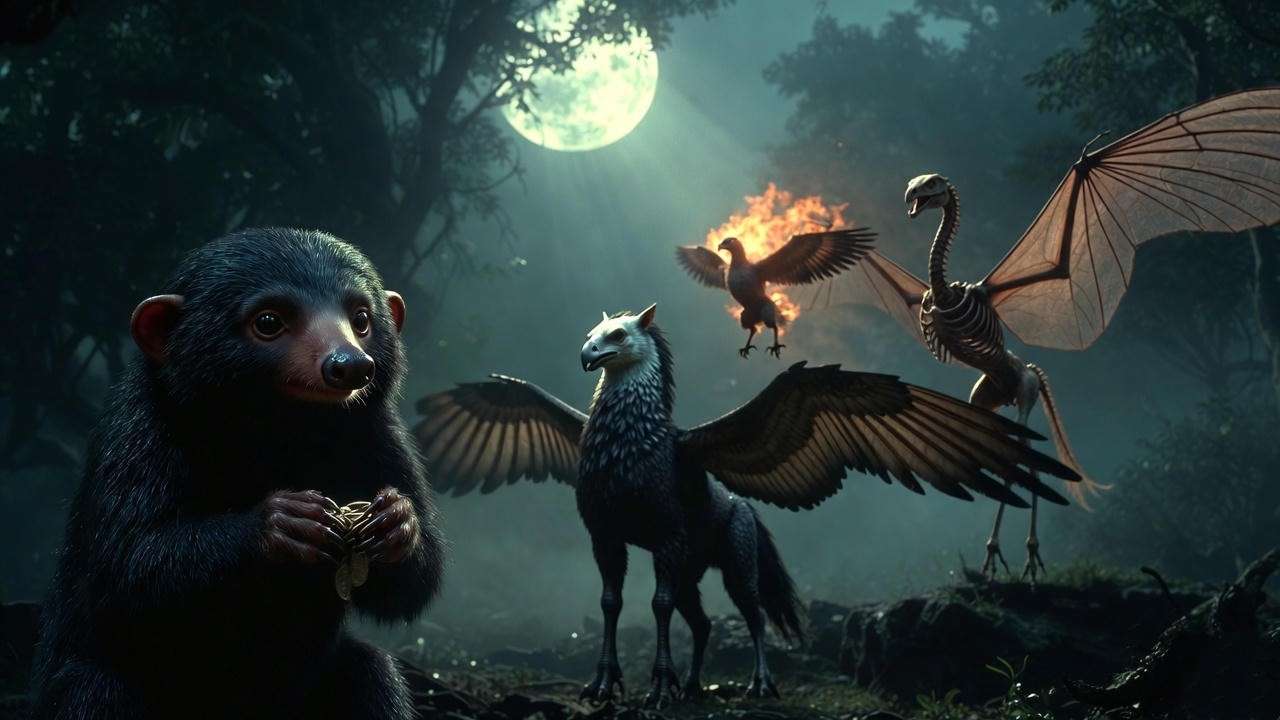 Top Harry Potter magical creatures: Niffler, Phoenix, Hippogriff, and Thestral in moonlit forest
