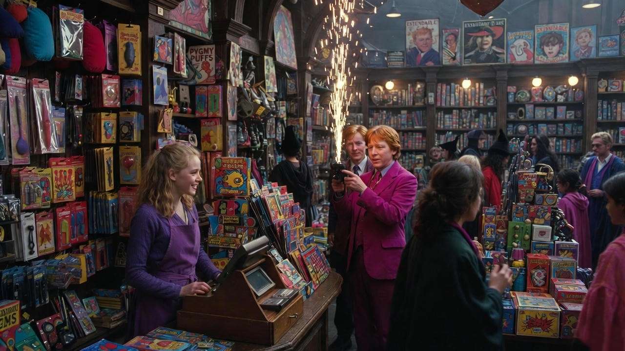 Verity behind the counter at Weasleys’ Wizard Wheezes in Harry Potter and the Half-Blood Prince movie scene

