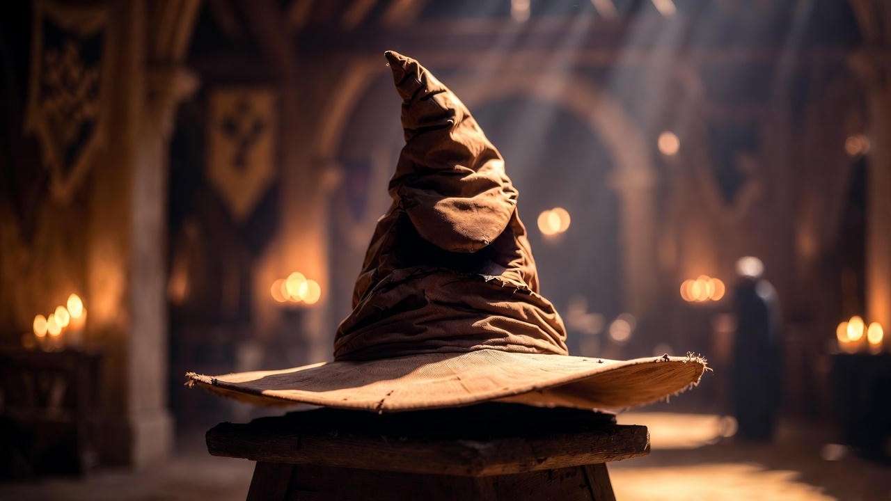 Hogwarts Sorting Hat on wooden stool for Harry Potter party ceremony 