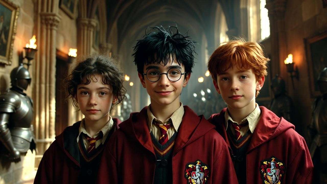 Daniel Radcliffe, Emma Watson, and Rupert Grint as Harry, Hermione, and Ron in Harry Potter and the Chamber of Secrets.
