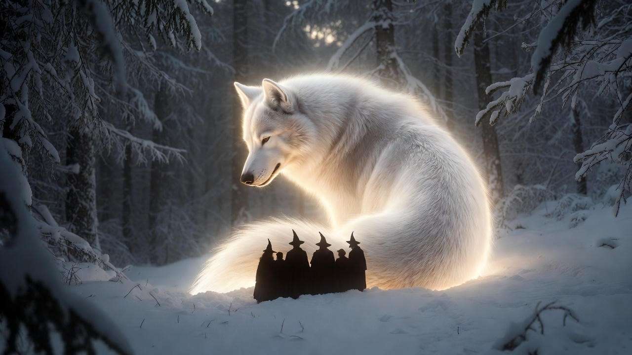 Husky Patronus protectively surrounding a group of friends in the snow


