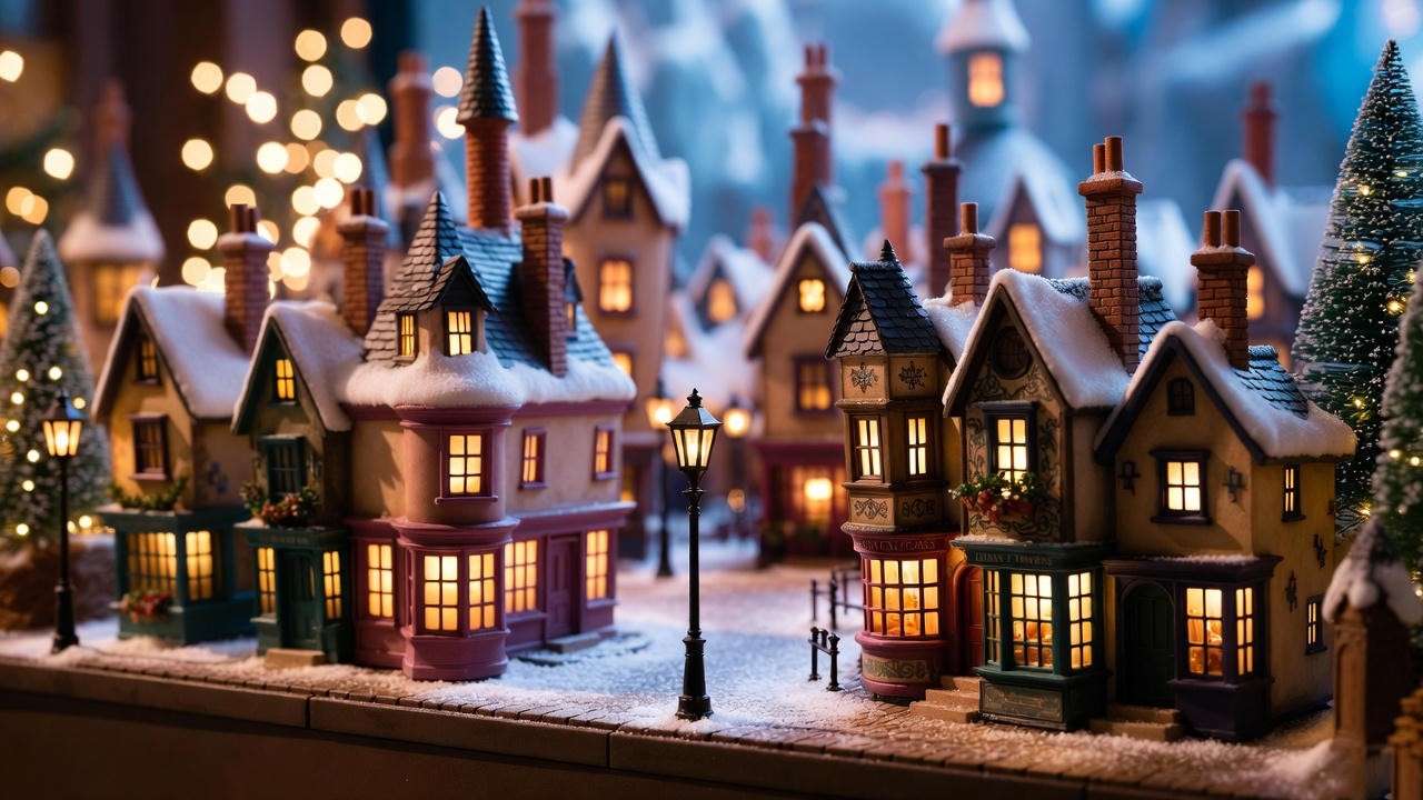 Lighted Hogsmeade shops including Honeydukes and Three Broomsticks in Harry Potter Christmas village