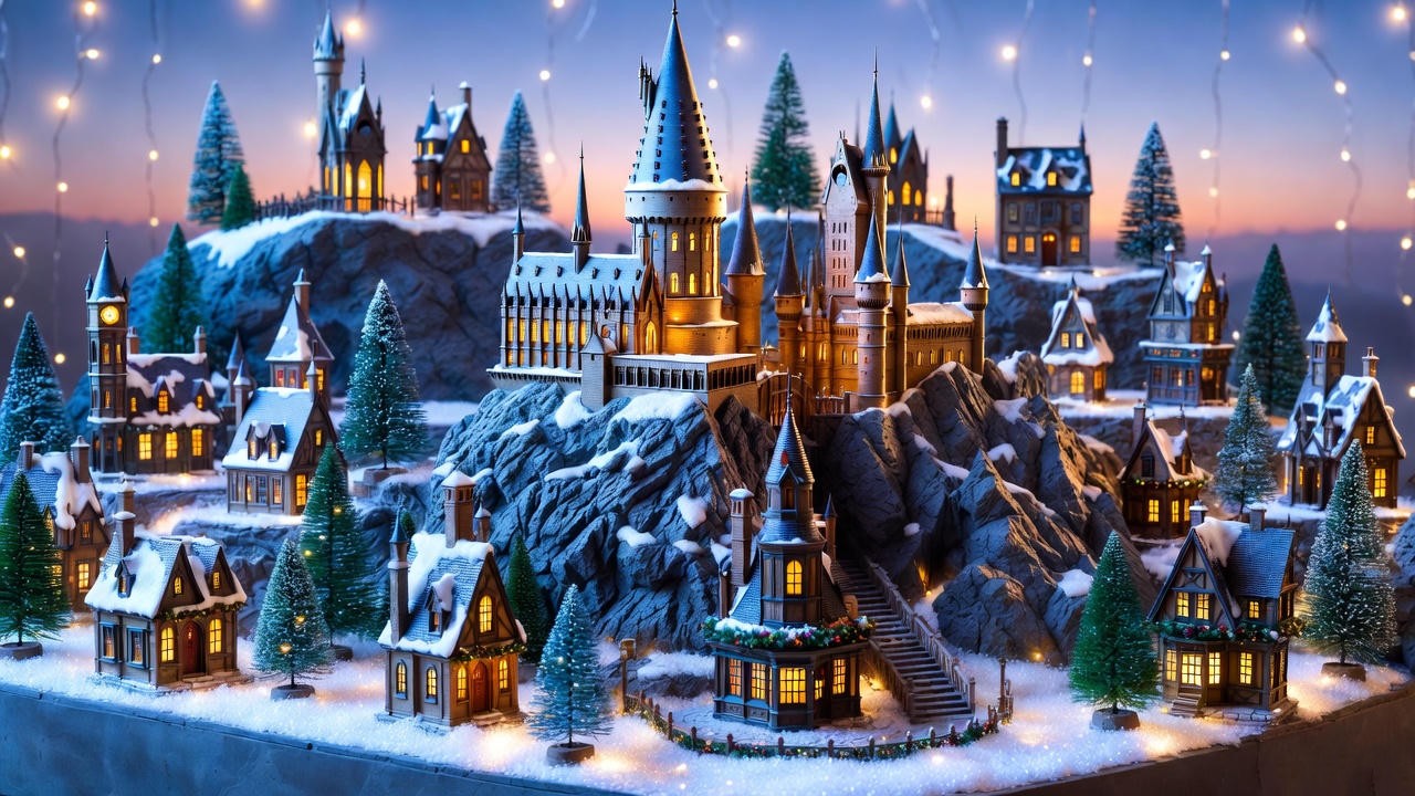 Multi-level snowy Harry Potter Christmas village display with Hogwarts and Hogsmeade lighted buildings