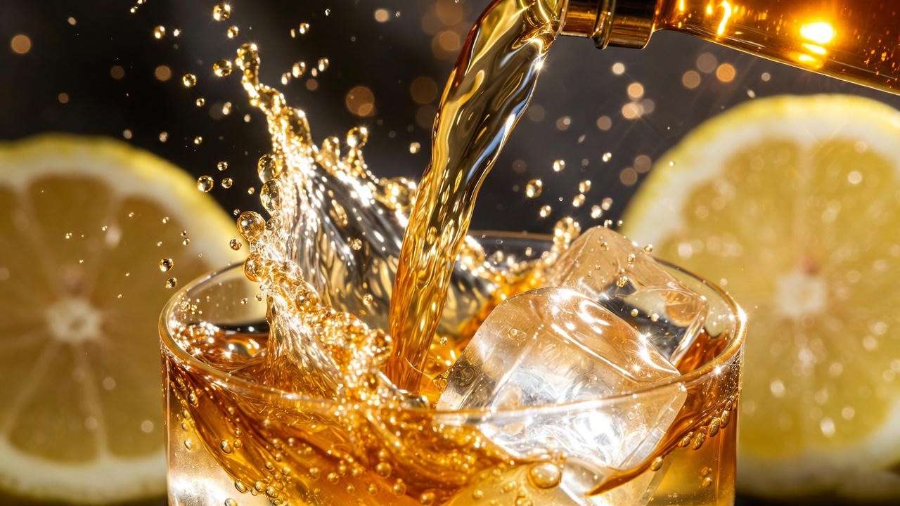 Shimmering golden Felix Felicis mocktail pour with swirling edible gold – family-friendly liquid luck drink recipe. 