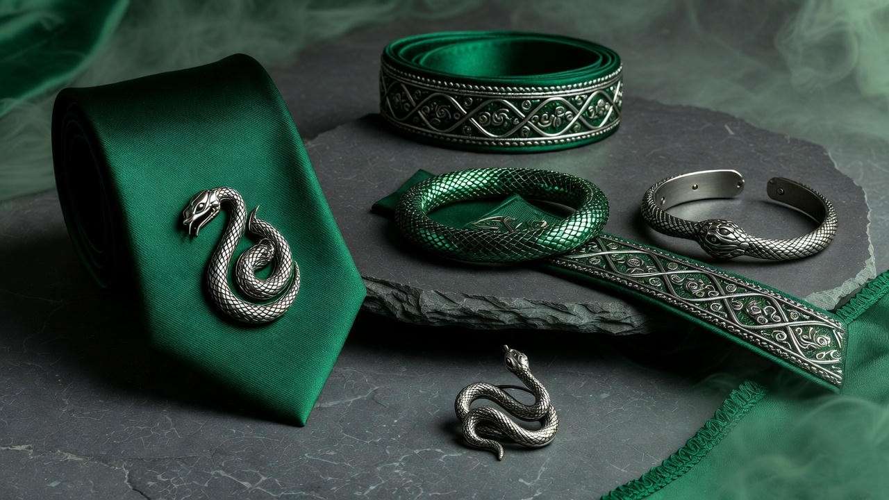 Slytherin house colors emerald green and silver metallic Harry Potter accurate palette 