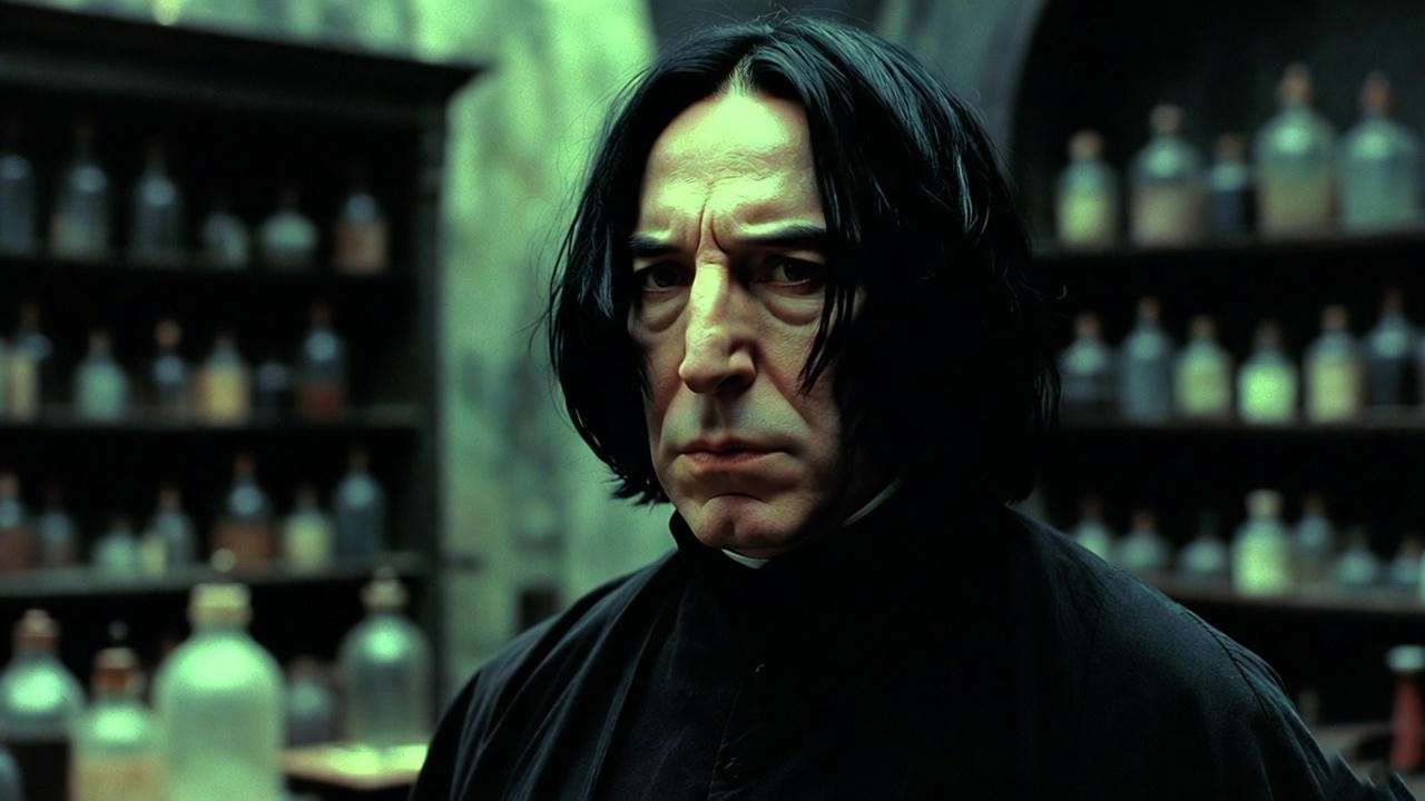 Moody portrait of Severus Snape embodying Slytherin cunning and loyalty in Harry Potter series.
