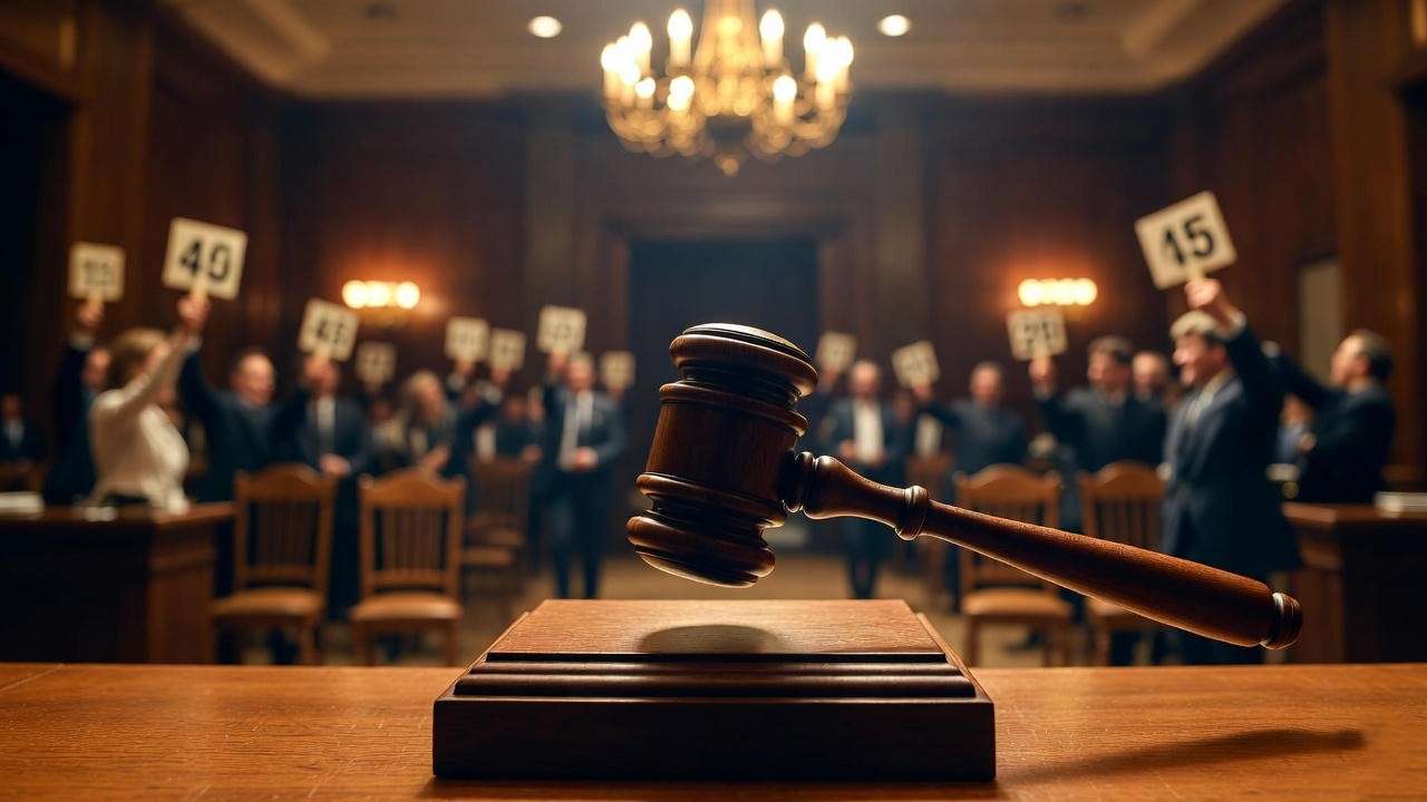 Auctioneer’s gavel falling at rare book auction for Harry Potter first edition 