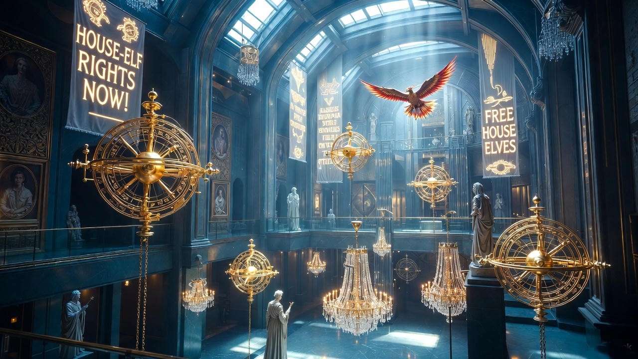Modern Ministry of Magic atrium with new Time-Turners and magical reforms imagery
