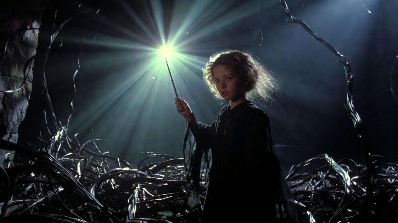 Hermione Granger casting Lumos Solem sunlight rays against Devil's Snare in Harry Potter