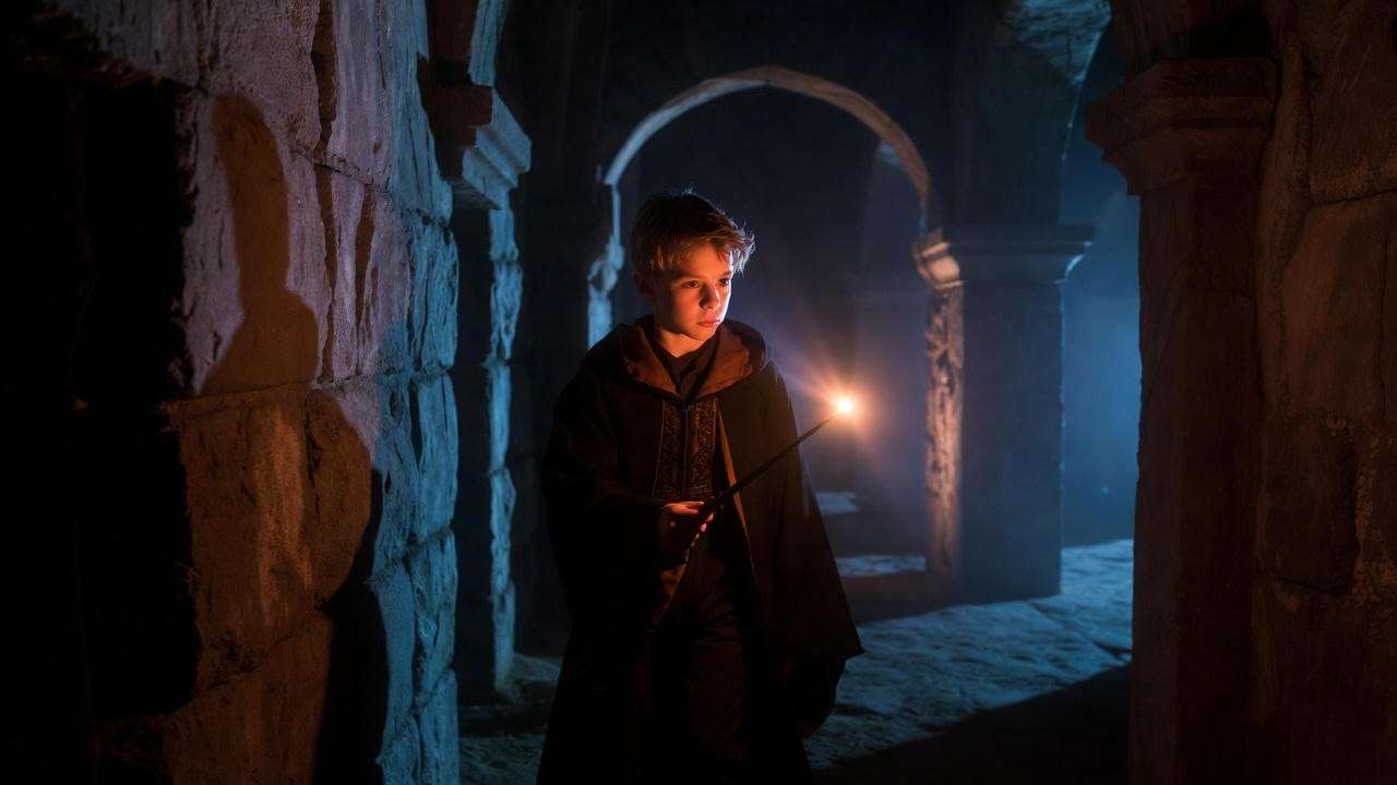 Wizard using Lumos wand-lighting charm to navigate dark Hogwarts corridors in Harry Potter