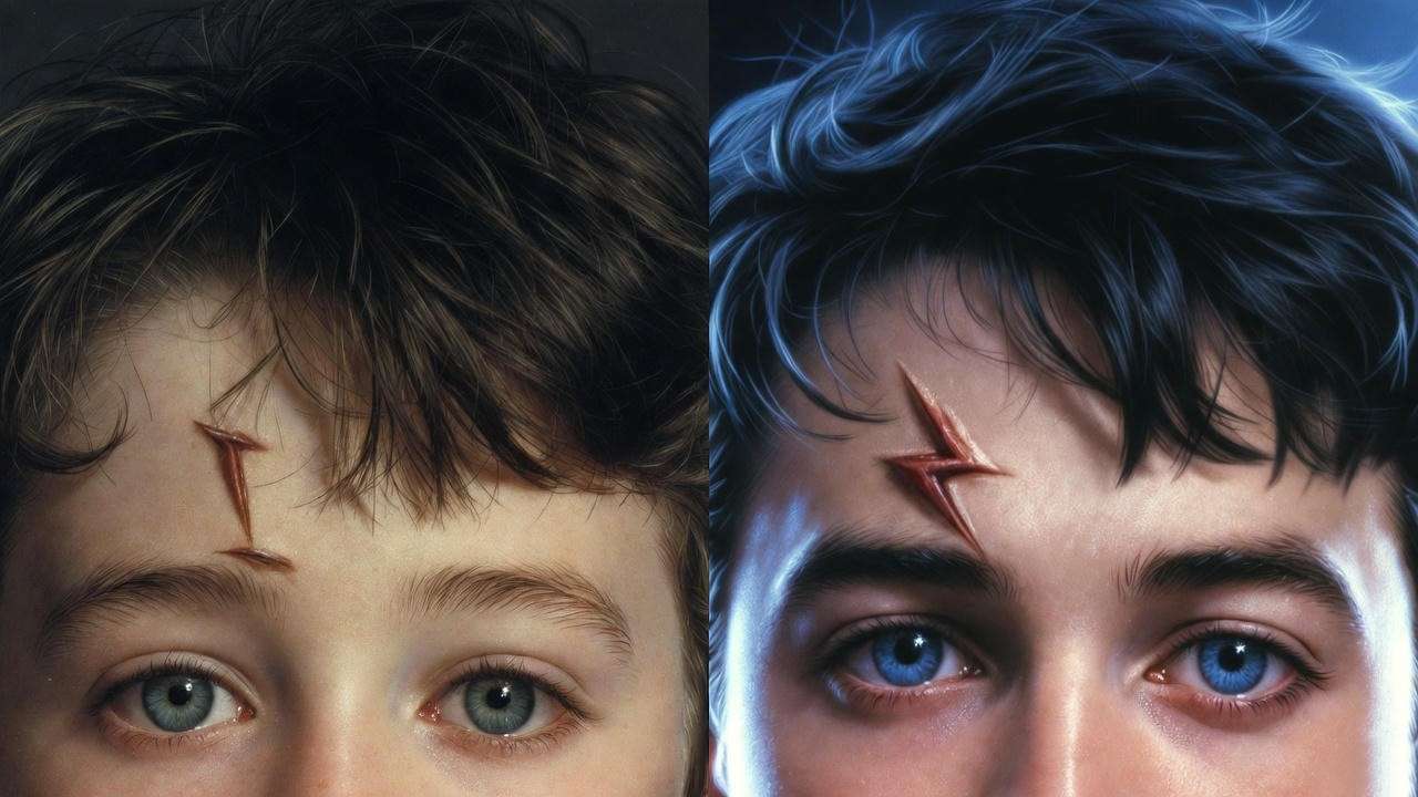  Comparison of Harry Potter's lightning scar placement in books versus movies.
