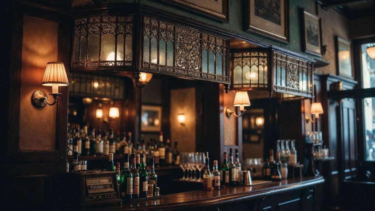 Twilight in Bloomsbury: elegant Georgian street with glowing traditional pub sign swinging in foreground, warm light spilling from windows onto wet cobblestones, subtle red-and-gold scarf on railing, magical Diagon Alley feel, 16:9 cinematic ratio, no people, no text