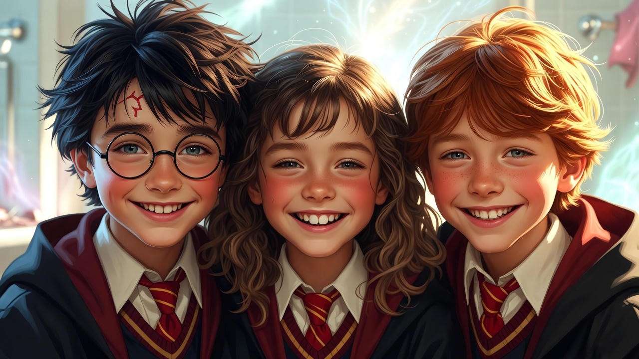 The Golden Trio Harry, Ron, and Hermione united after defeating the troll in Harry Potter