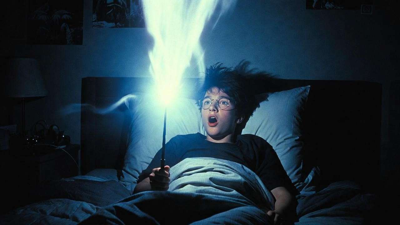 Harry Potter casting Lumos Maxima under bed covers with intense bright light flash 