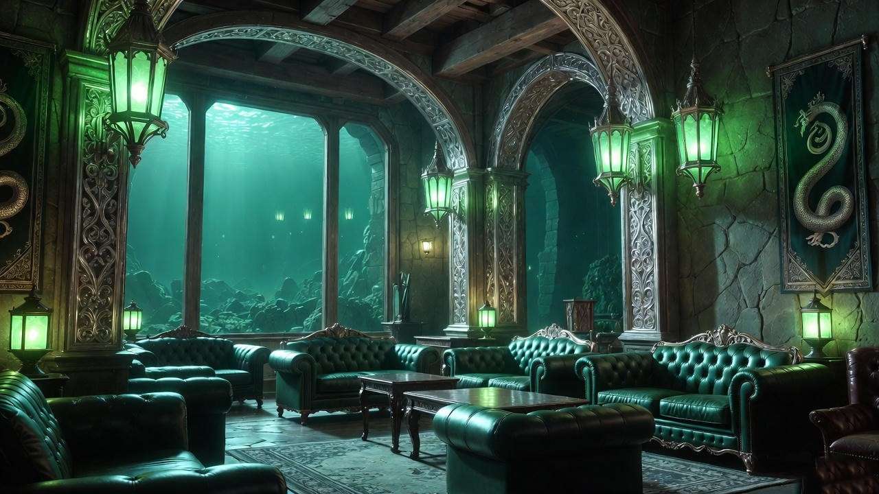 Mysterious underwater Slytherin common room with green lighting and lake views in Hogwarts dungeons from Harry Potter.