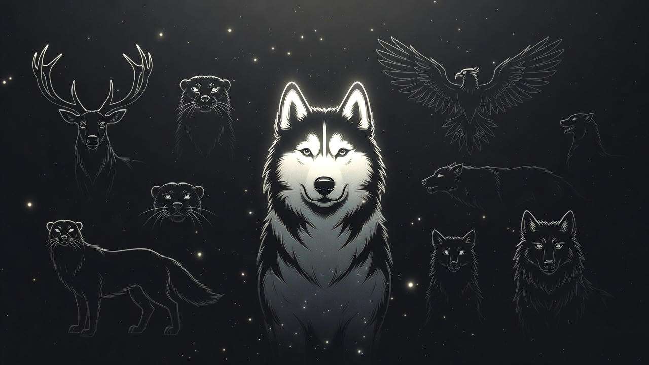 Glowing husky Patronus surrounded by fainter animal silhouettes representing rarity ranking

