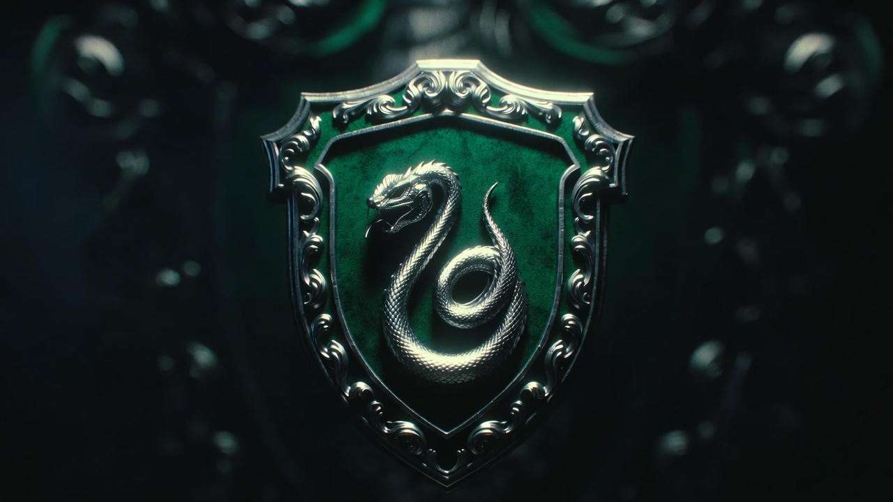 Detailed Slytherin house crest with silver serpent emblem on green background, representing ambition and cunning in Harry Potter.