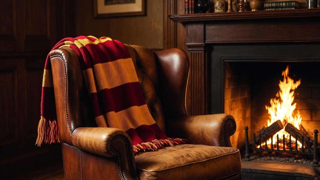 Gryffindor scarf by the fireplace inside The Duke pub Bloomsbury 