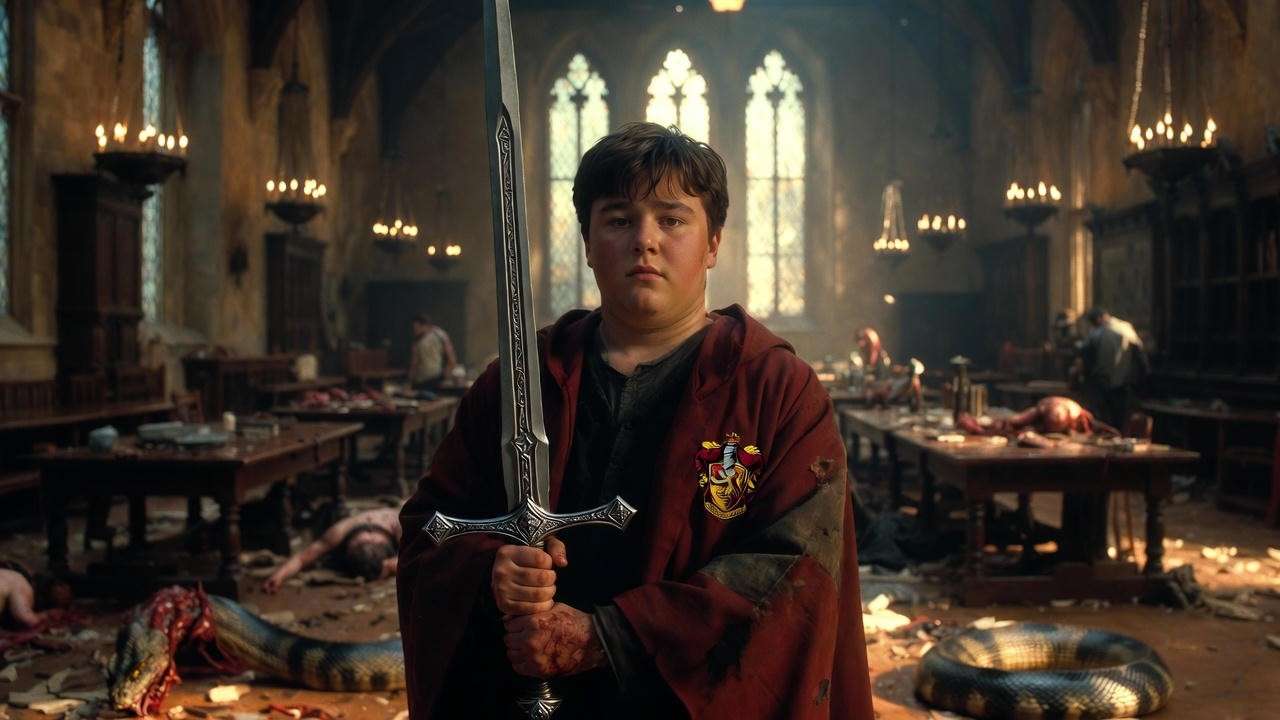 Neville Longbottom heroically destroying Nagini with the Sword of Gryffindor in the Battle of Hogwarts