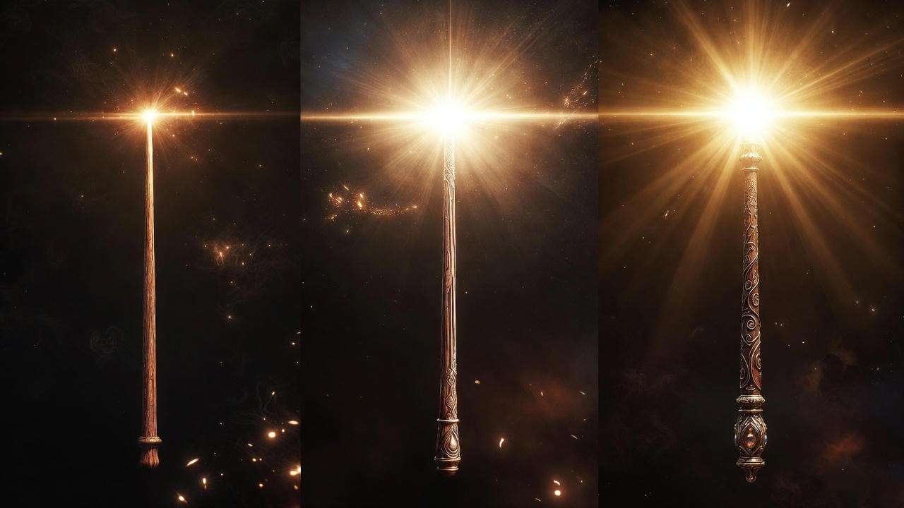 Variations of the Harry Potter light spell: Lumos, Lumos Maxima, and Lumos Solem glowing from wands