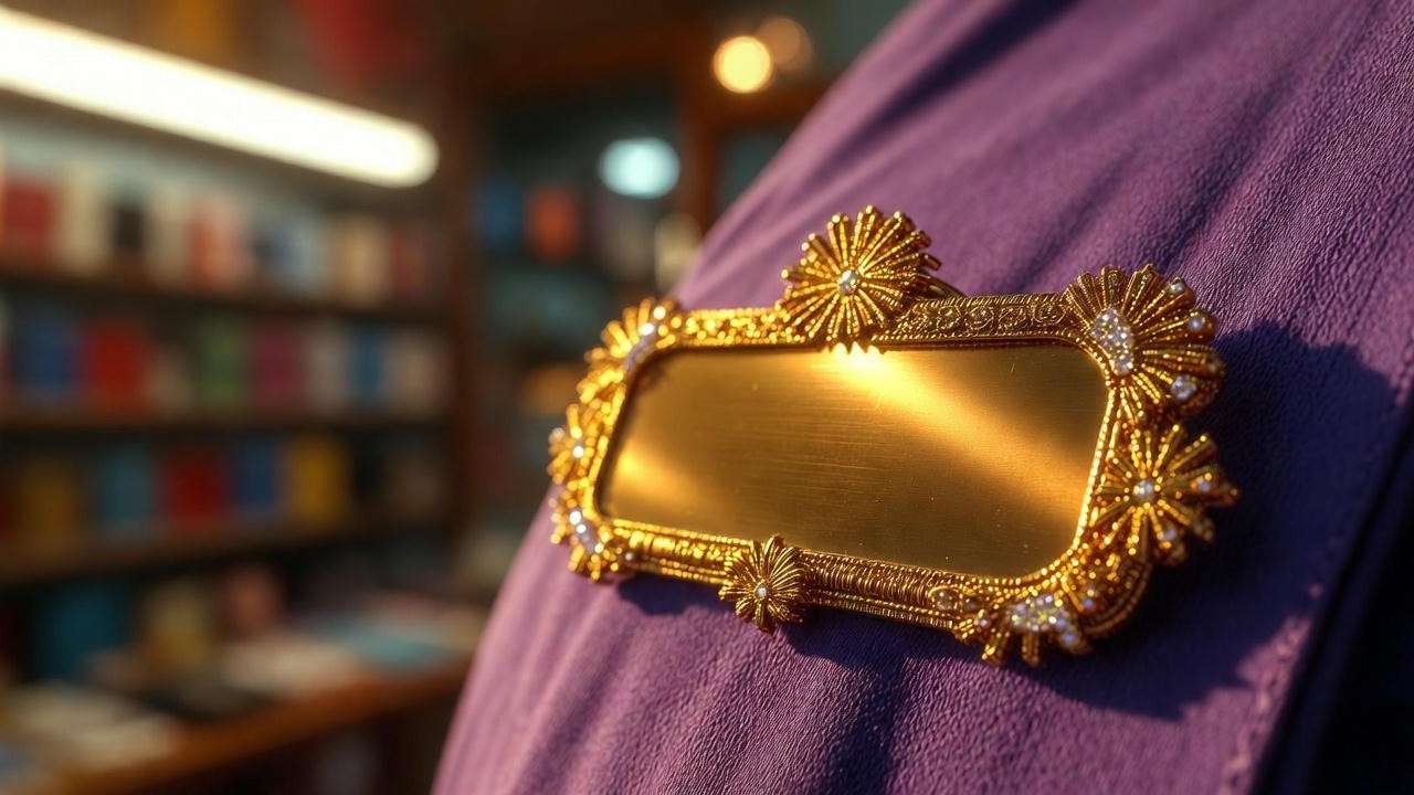  Extreme close-up of Verity’s sparkling gold name tag on her Weasleys’ Wizard Wheezes apron

