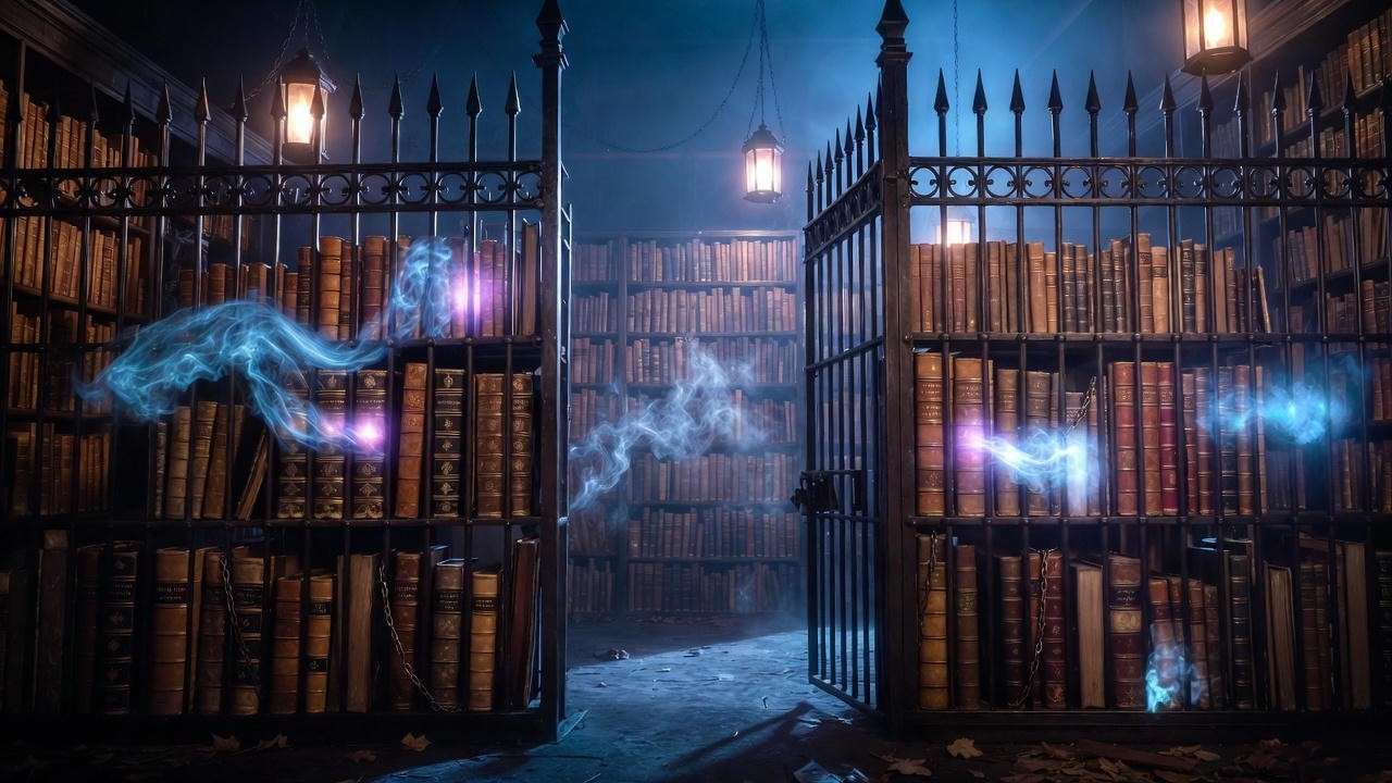 Hogwarts Restricted Section at night with chained ancient magical books glowing behind gates