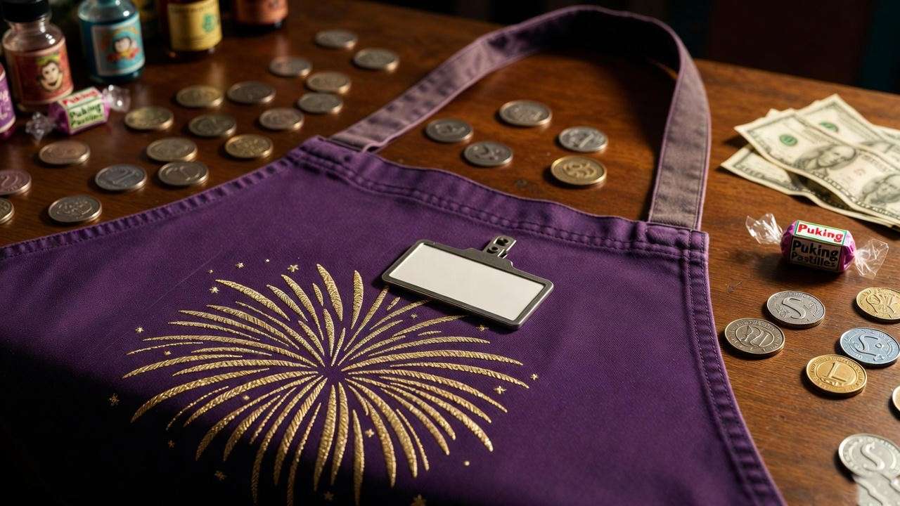 Close-up of Verity’s purple Weasleys’ Wizard Wheezes shop apron and counter