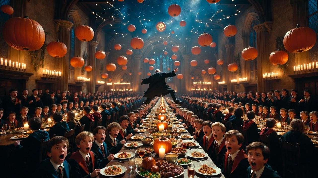 Halloween feast chaos in Hogwarts Great Hall with Quirrell announcing the troll