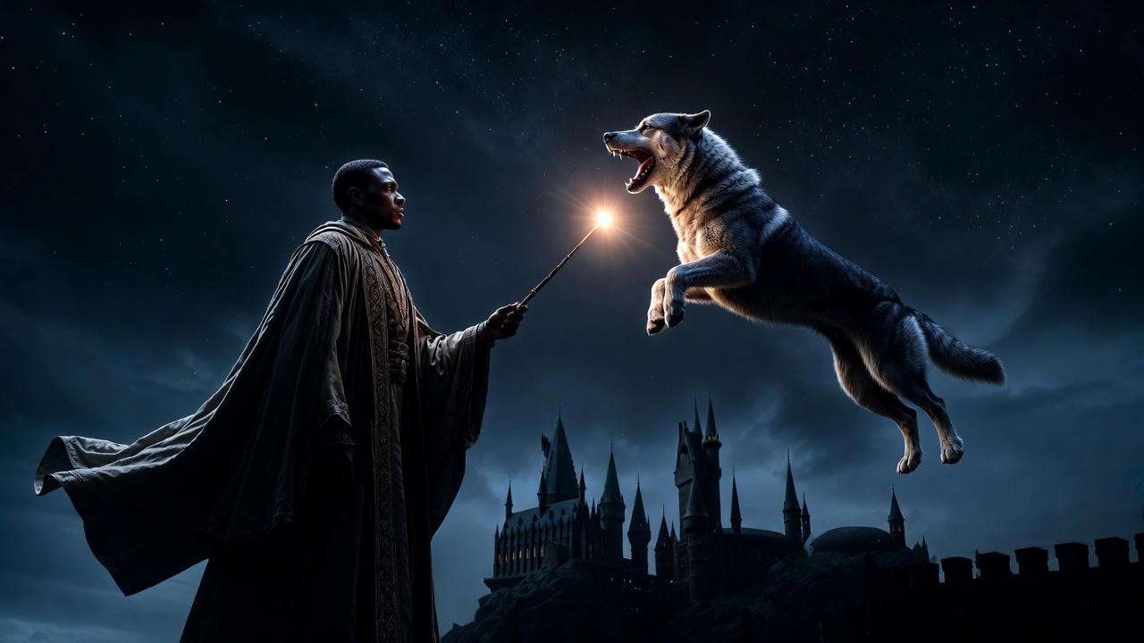 Auror casting a powerful silver husky Patronus from Hogwarts battlements
