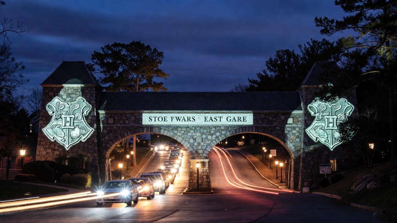 Stone Mountain Park East Gate entrance at night for Harry Potter Forbidden Forest Experience Atlanta