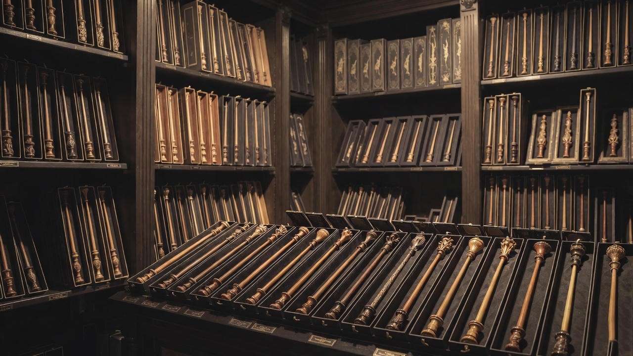 Wand shop display with exclusive Goblet of Fire wand at Harry Potter Store Chicago
