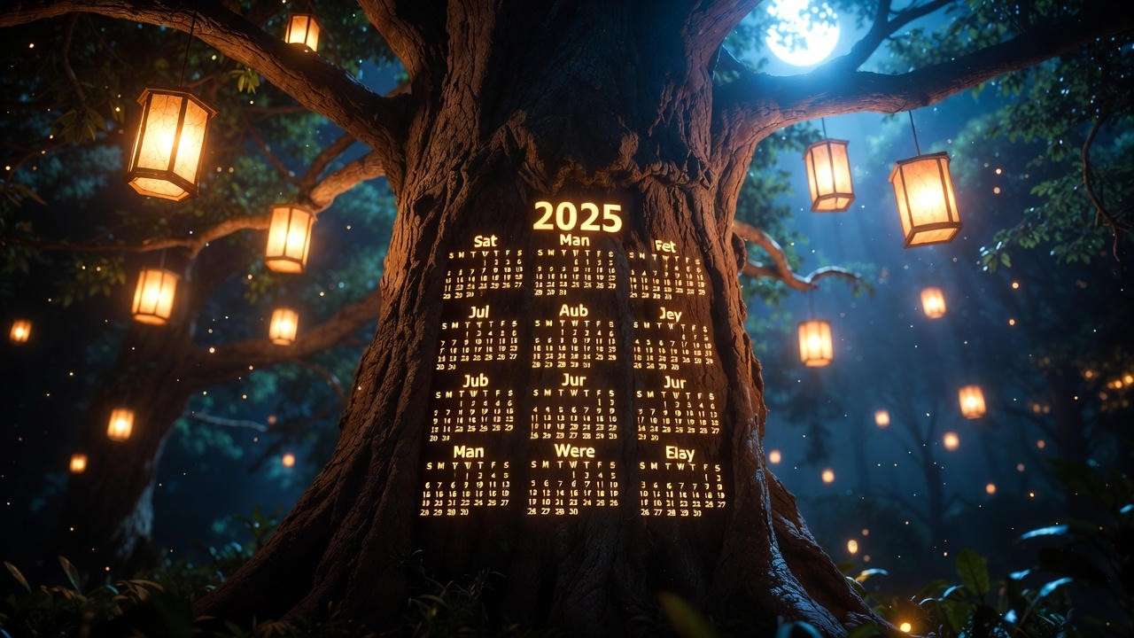 Illuminated 2025 event calendar carved in tree for Harry Potter Forbidden Forest Experience Atlanta dates