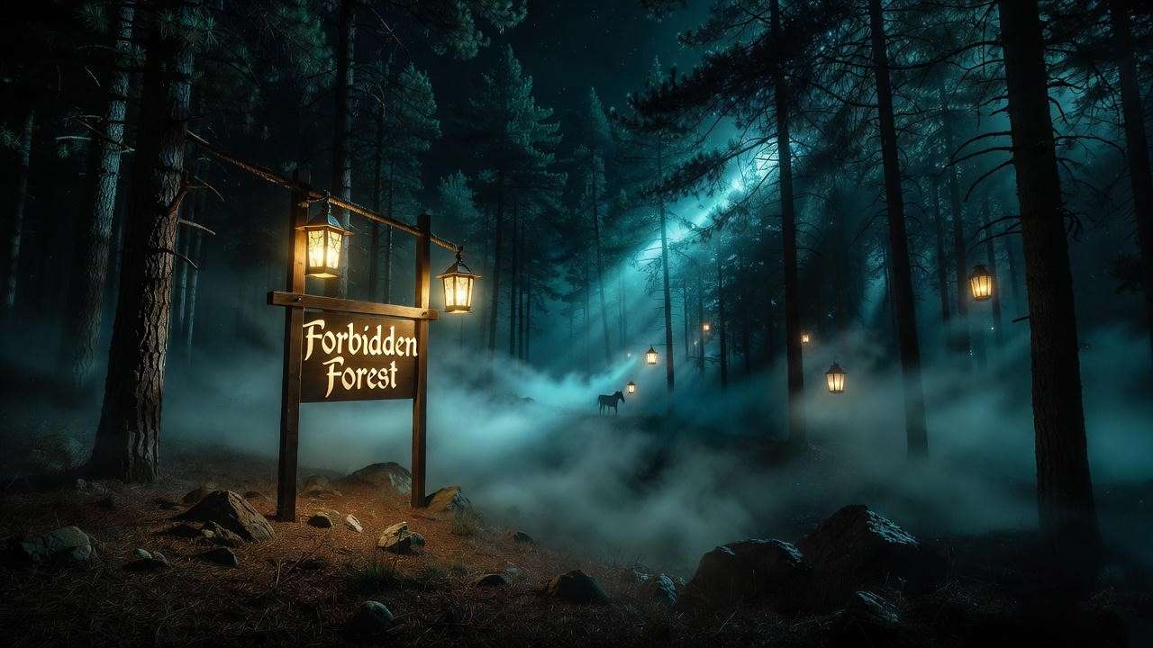 Forbidden Forest entrance sign glowing at night with floating lanterns at Harry Potter A Forbidden Forest Experience Atlanta