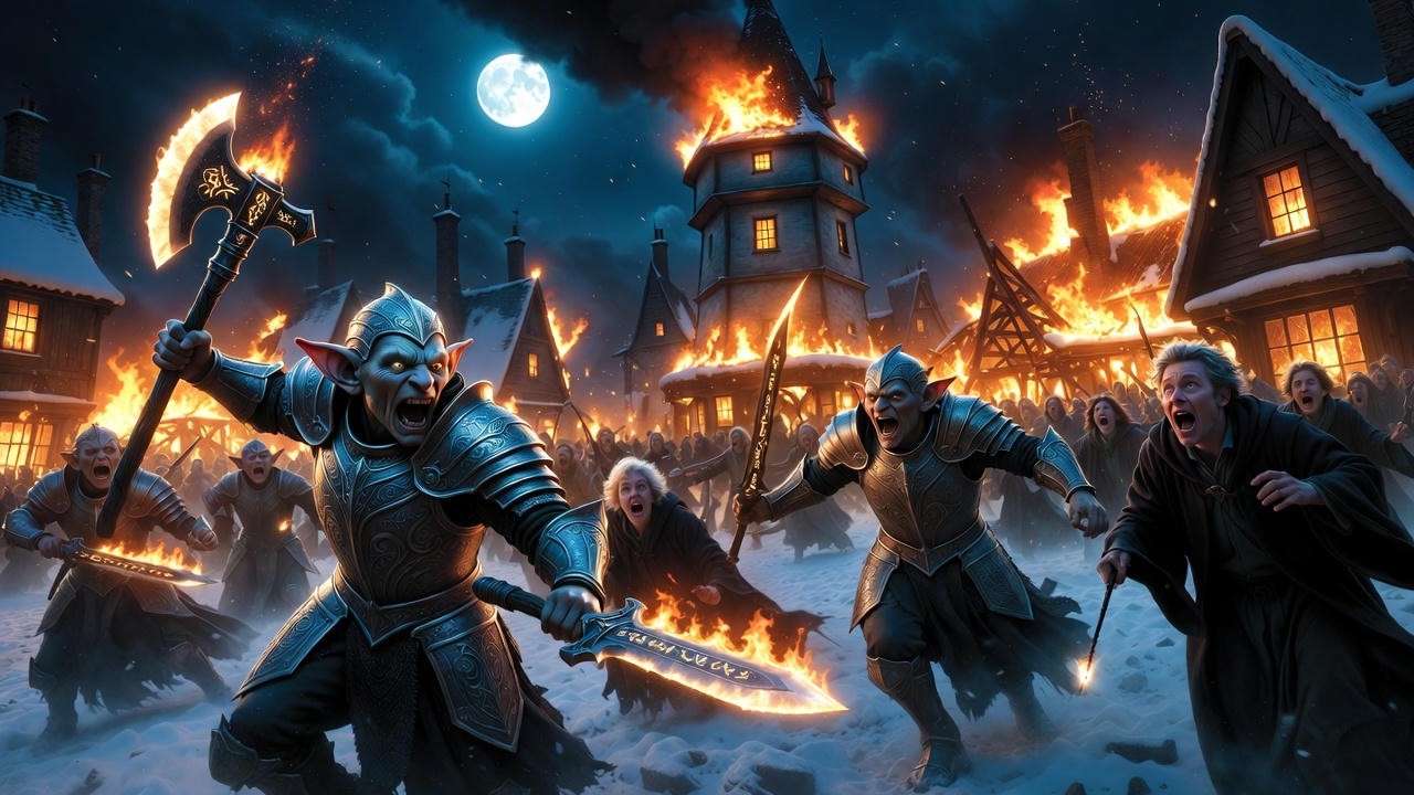 Historical goblin rebellion in Hogsmeade 1612 – goblins vs wizards battle illustration
