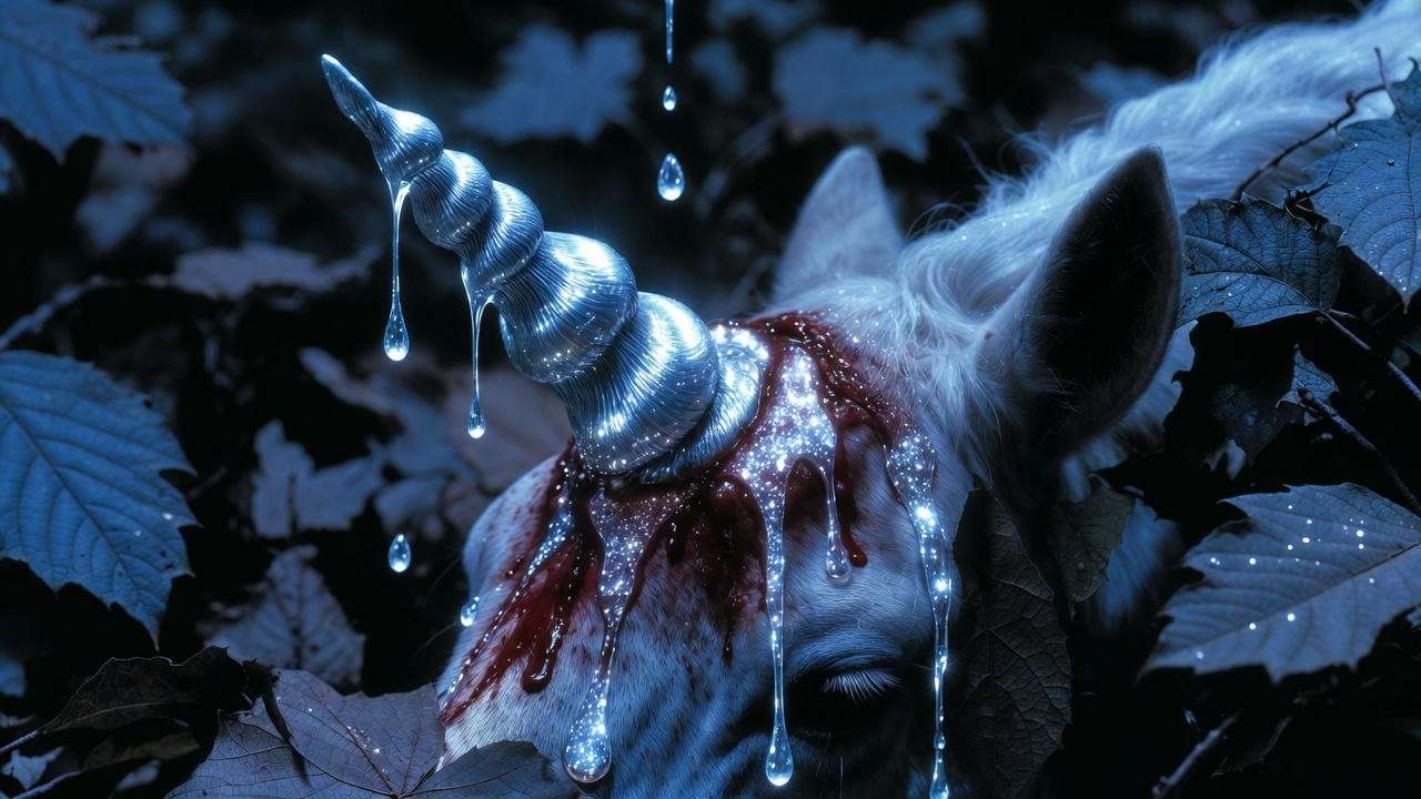 Close-up of glowing silver-blue unicorn blood on forest floor – Harry Potter Philosopher’s Stone
