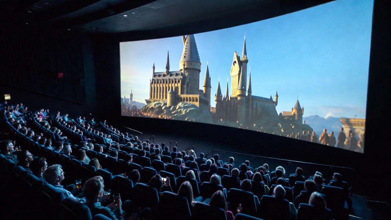 Audience watching Hogwarts Castle on the big screen during a Harry Potter theatrical re-release event in 2025