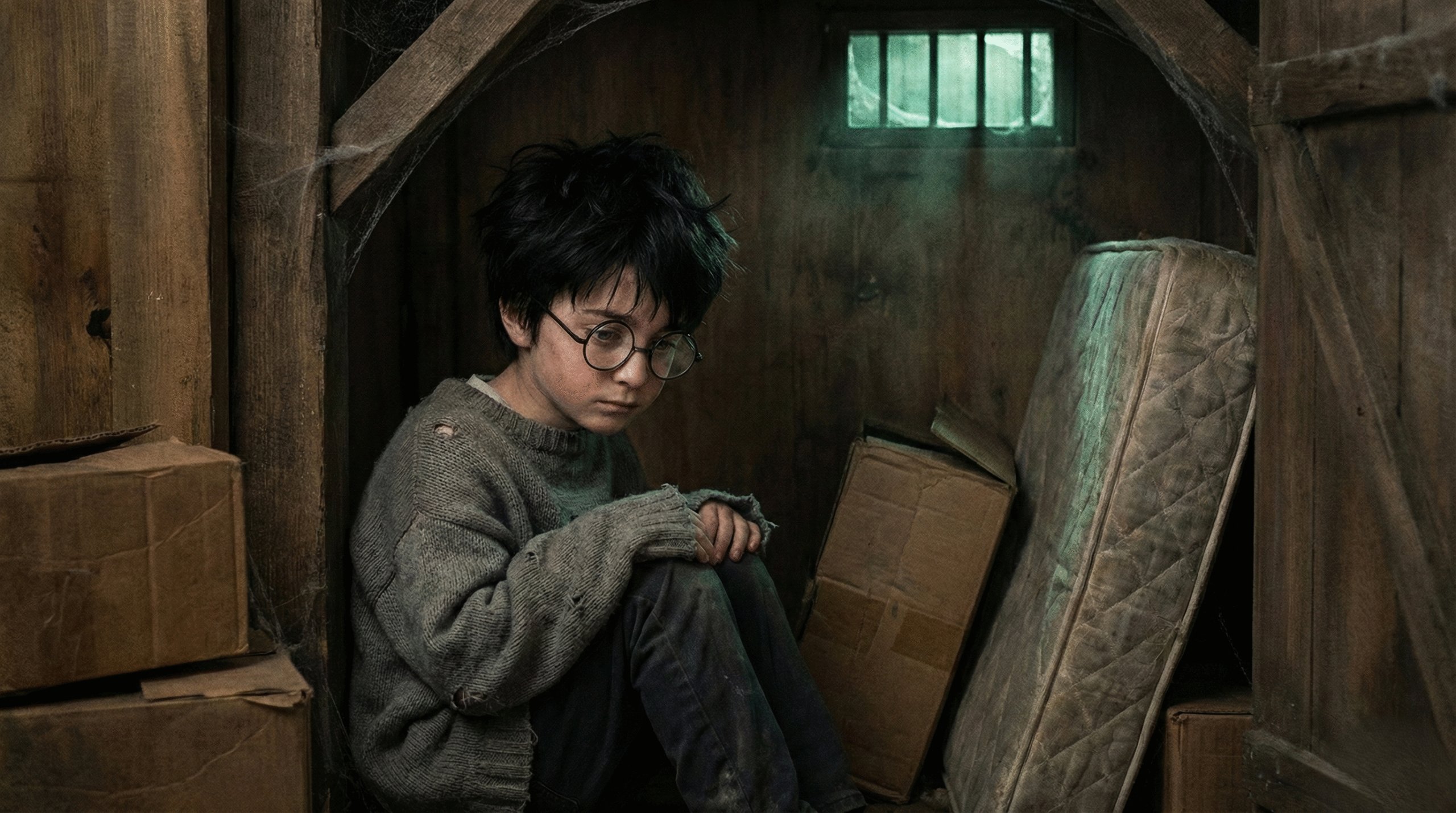 Young Harry Potter alone in the cupboard under the stairs, symbolizing the abused orphan trope

