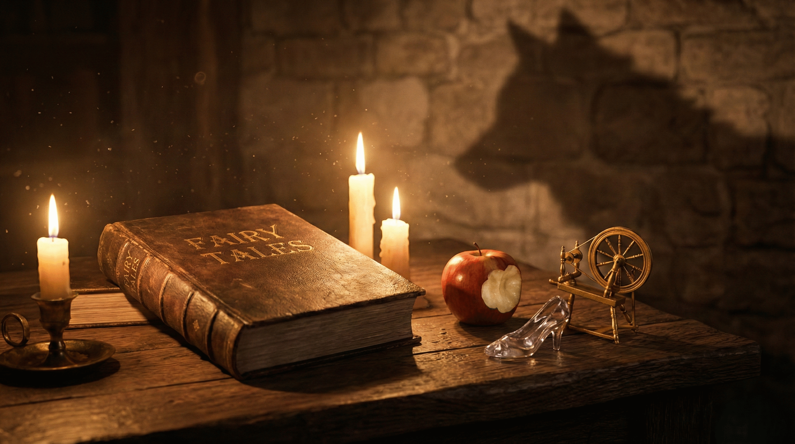 Ancient open fairy-tale book with classic symbols like poisoned apple and glass slipper in candlelight
