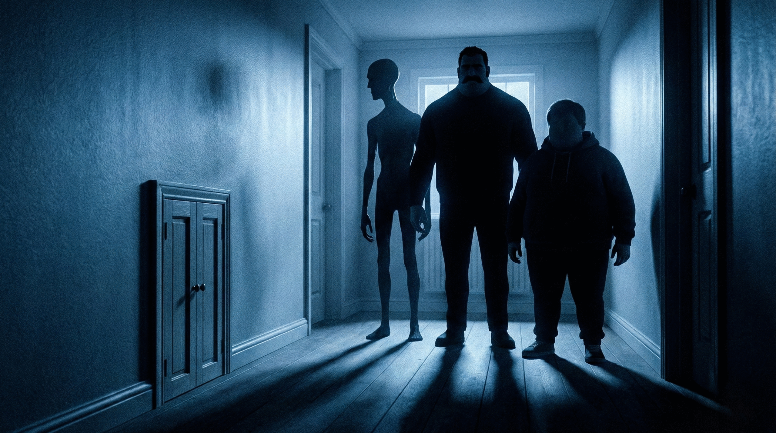 The Dursley family glaring at Harry’s cupboard door, representing the wicked stepfamily archetype

