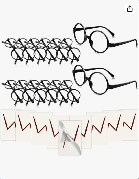 Wizard Glasses with Round Frame No Lenses Lightning Bolt Tattoos for Kids Adults Halloween Party Accessory