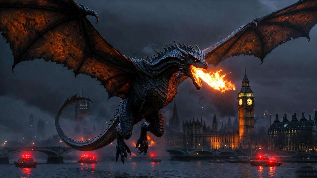 Ukrainian Ironbelly dragon flying over London revealing wizardkind to Muggles
