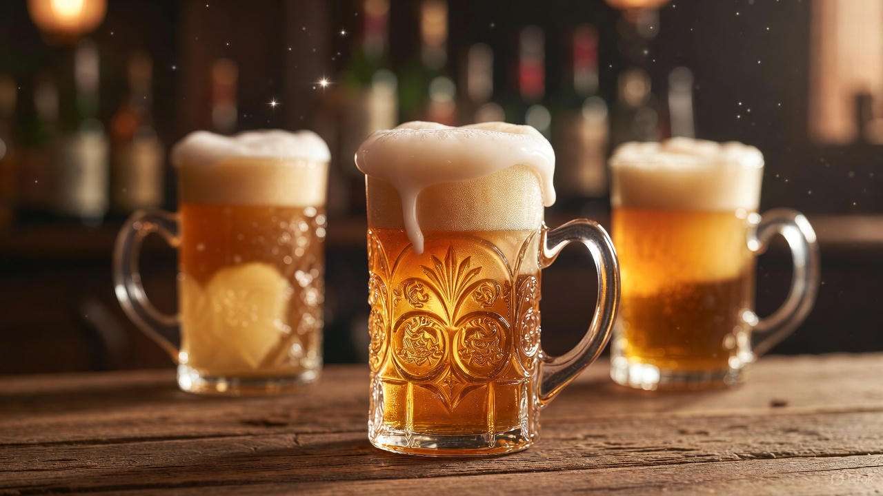 Frothy Butterbeer in glass mugs on wooden table for Harry Potter birthday party  
