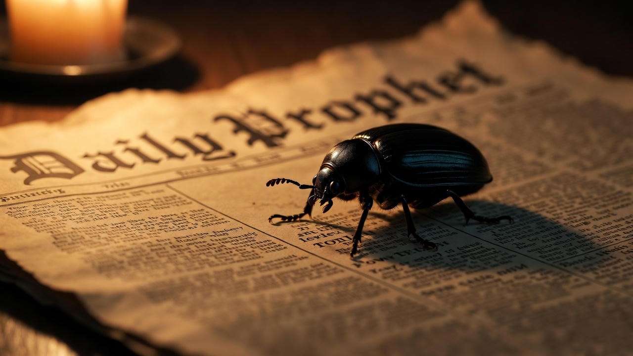 Beetle crawling across Rita Skeeter’s fake Daily Prophet article in Harry Potter